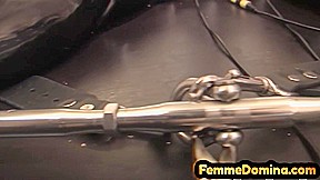 BDSM Domina In Leather Pumping Pathetic Cock Of Her Sub